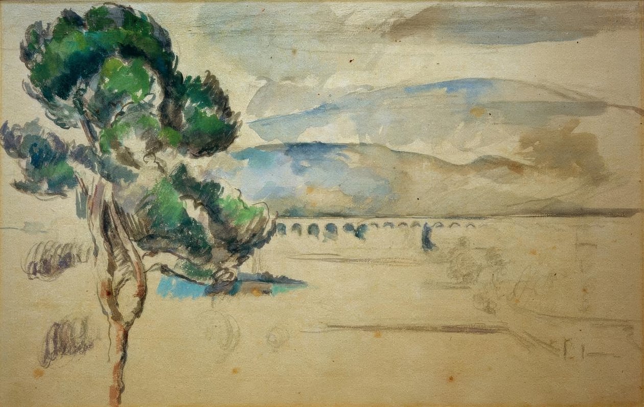 Údolí Arc s viaduktem a borovicí od Paul Cézanne