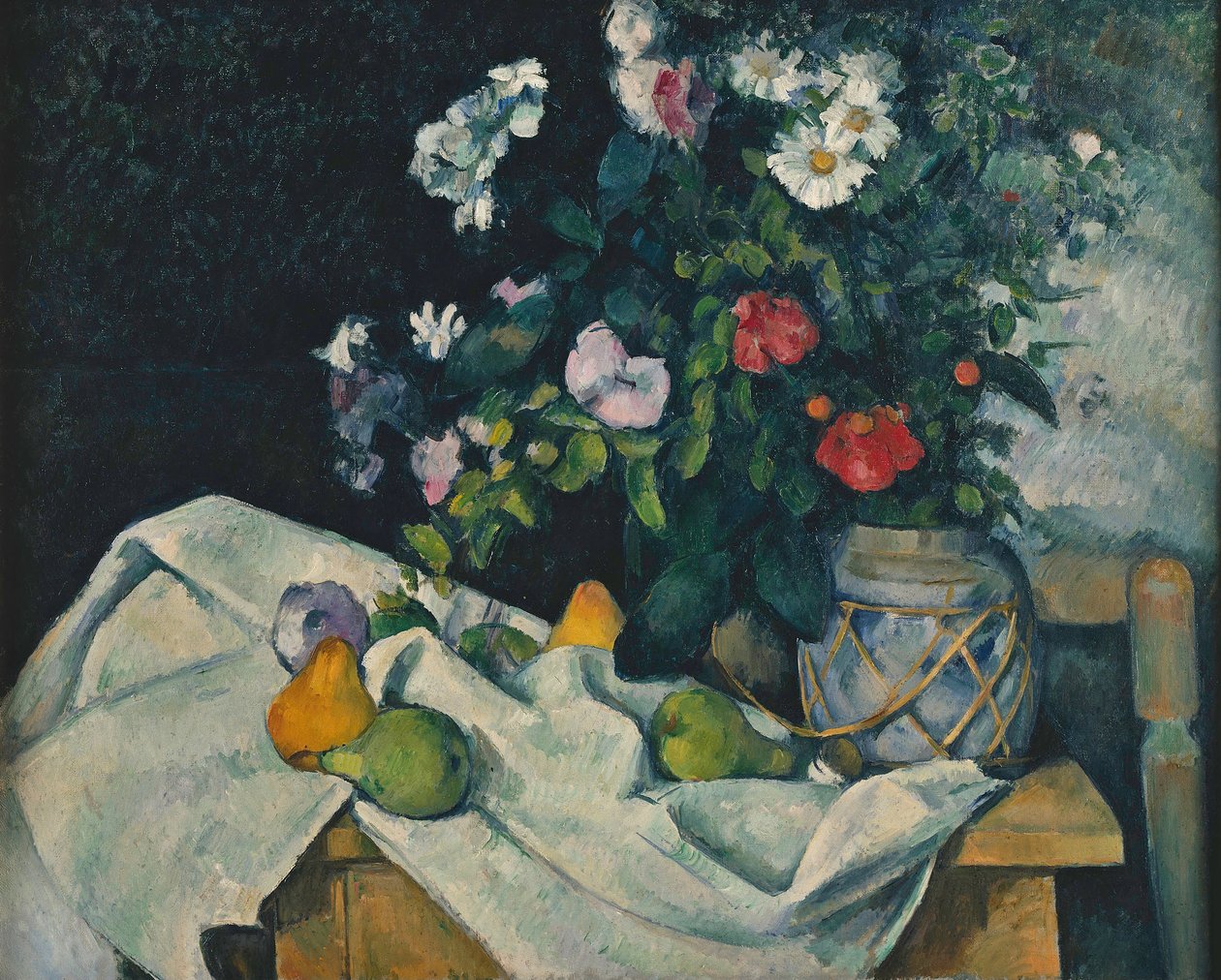Květiny ve sklenici zázvoru a ovoce od Paul Cézanne