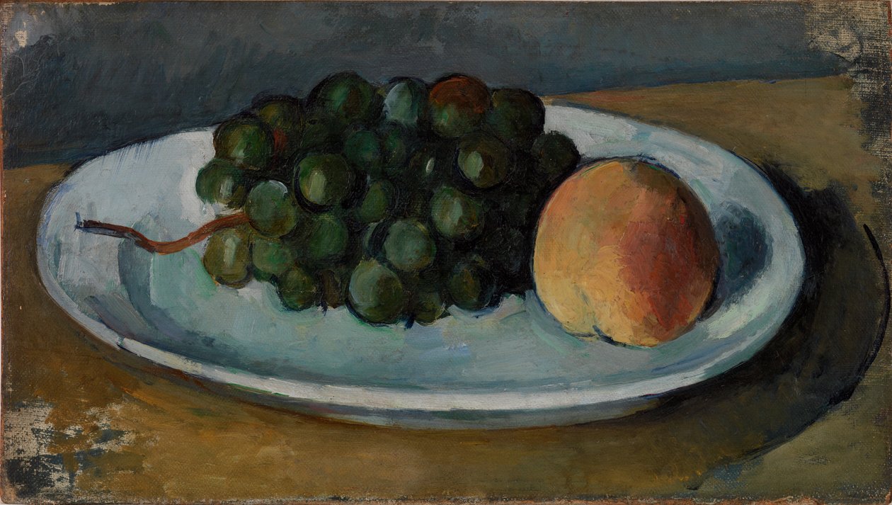 Hrozny a broskev na talíři od Paul Cézanne