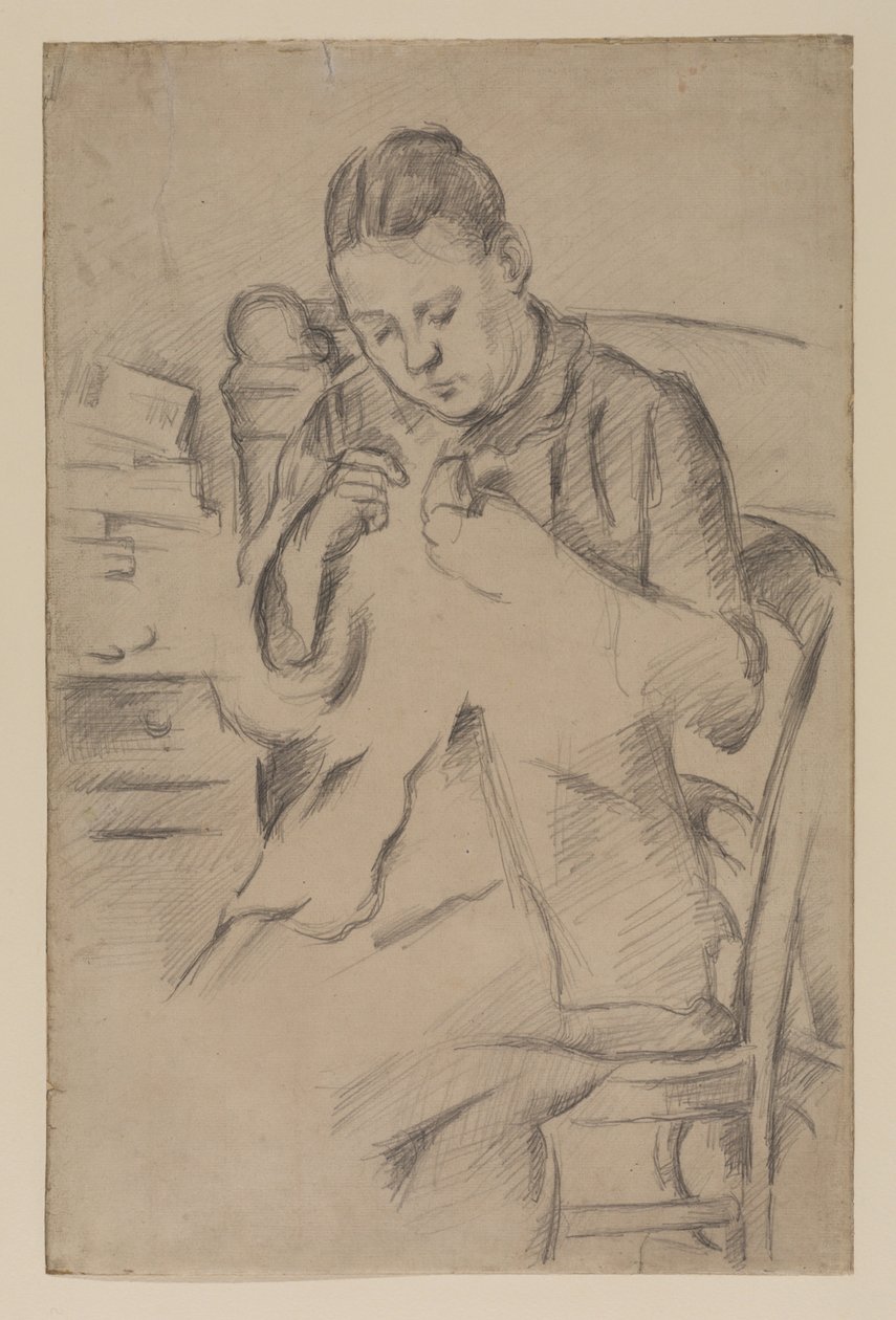 Hortense Fiquet, Madame Cezanne, šití, cca 1880 (tužka na papíře) od Paul Cézanne