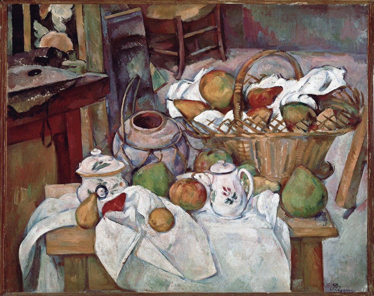 Kuchyňský stůl nebo Zátiší s košíkem - olej na plátně od Paul Cézanne