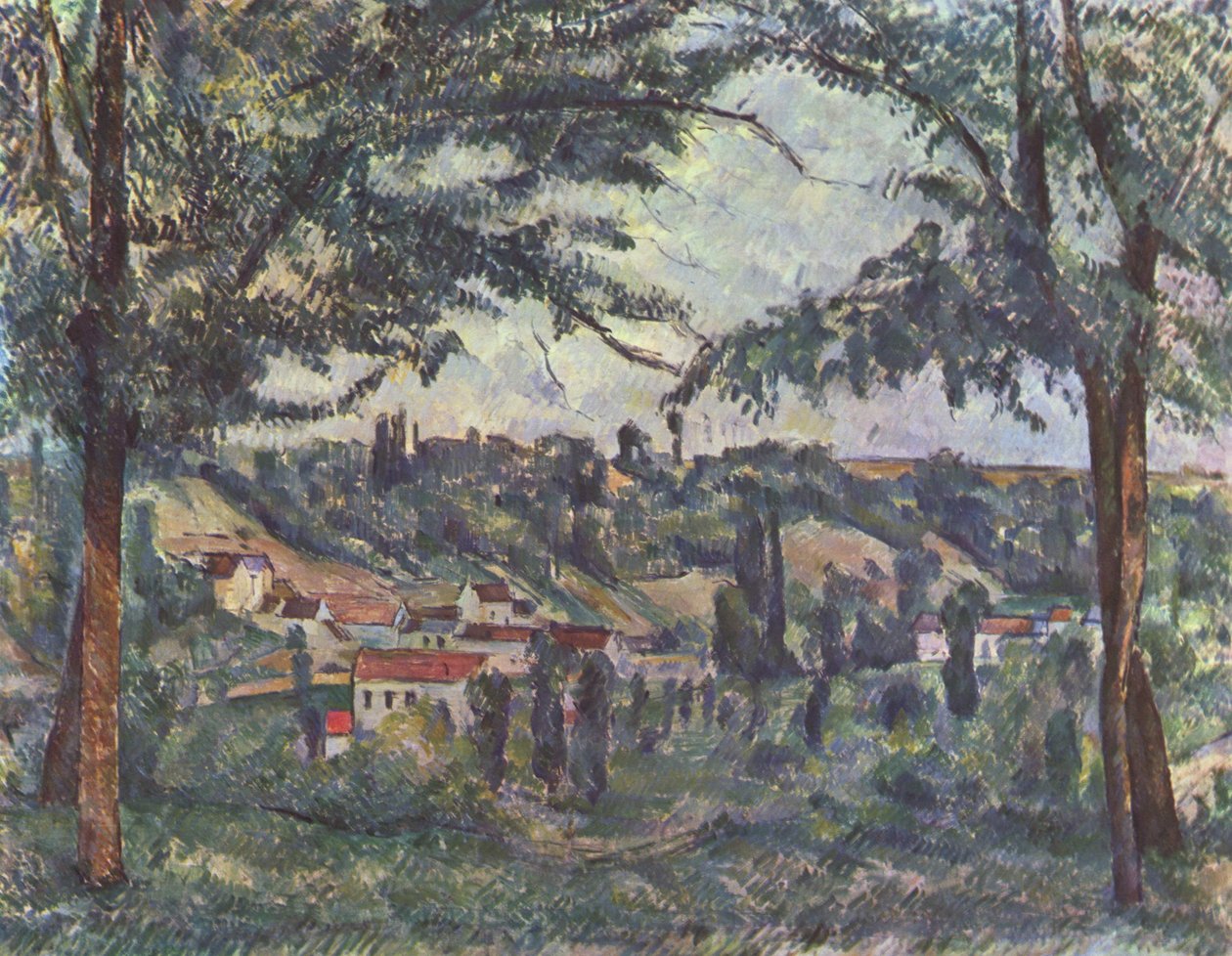Hameau des Pâtis v Pontoise, rámovaný stromy od Paul Cézanne