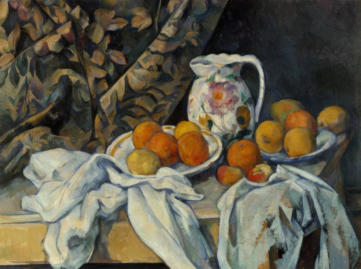 Zátiší se závěsem a květinovým džbánem od Paul Cézanne
