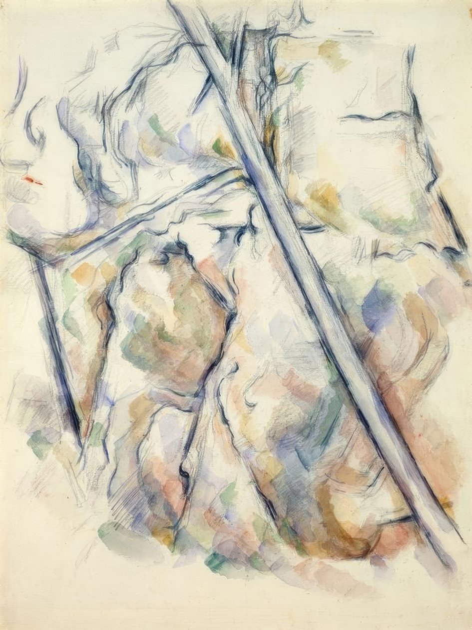 Borovice a skály poblíž jeskyní nad Château-Noir od Paul Cézanne