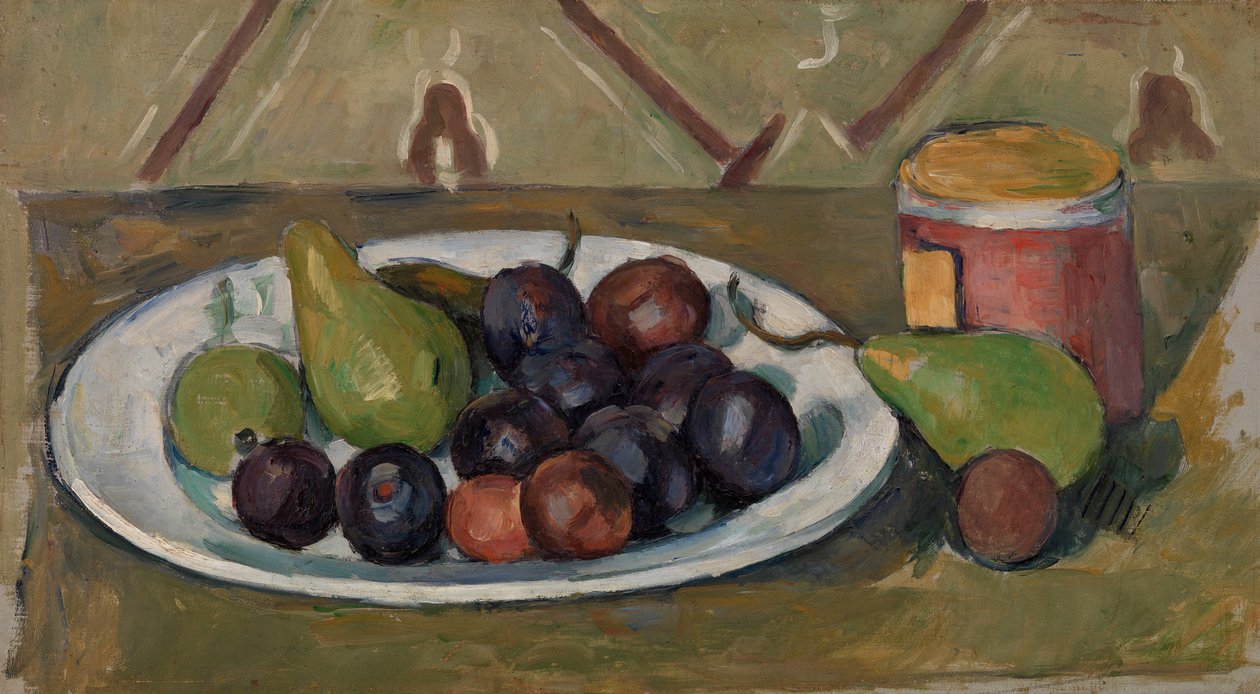 Talíř s ovocem a hrnec zavařenin od Paul Cézanne