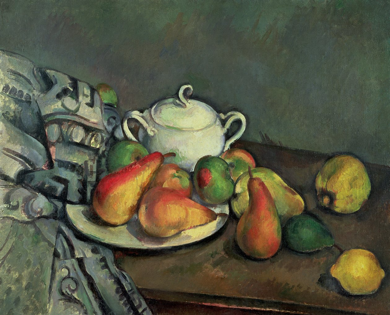 Zátiší s cukrovou pánví a ovocem od Paul Cézanne