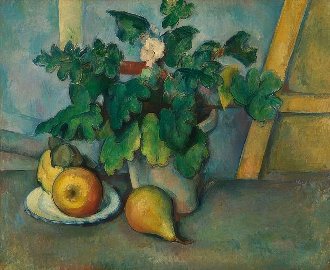 Hrnec s petrklíči a ovocem. 1888-90 od Paul Cézanne
