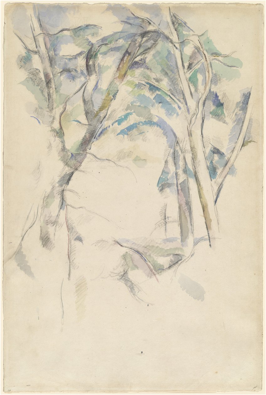 Stromy naklánějící se nad skalami od Paul Cézanne