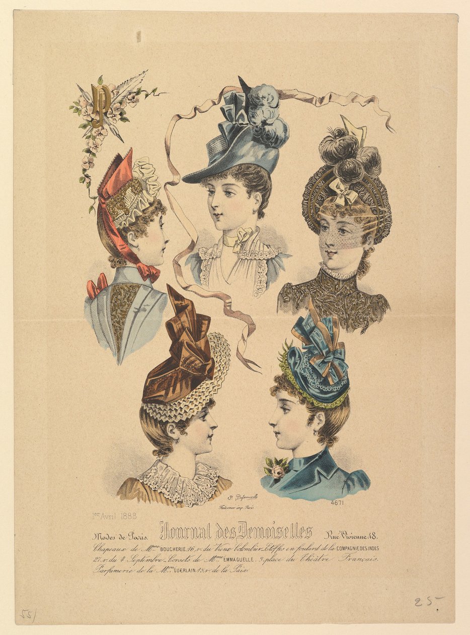 Dámské klobouky, č. 4671, z Journal des Demoiselles, 1. dubna 1888. od Paul Deferneville