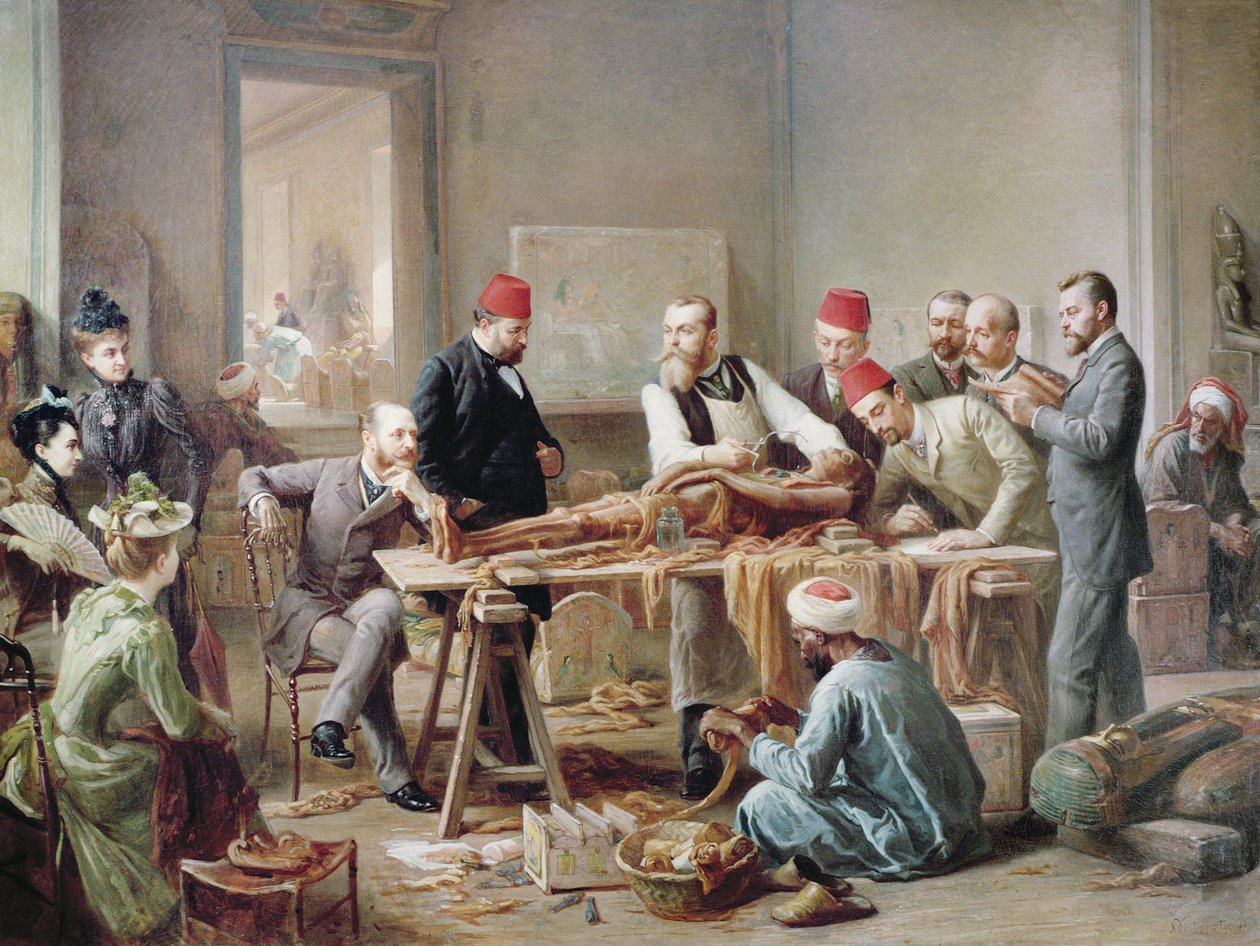 Zkouška mumie - kněžka Amun, kolem roku 1891 (olej na plátně) od Paul Dominique Philippoteaux