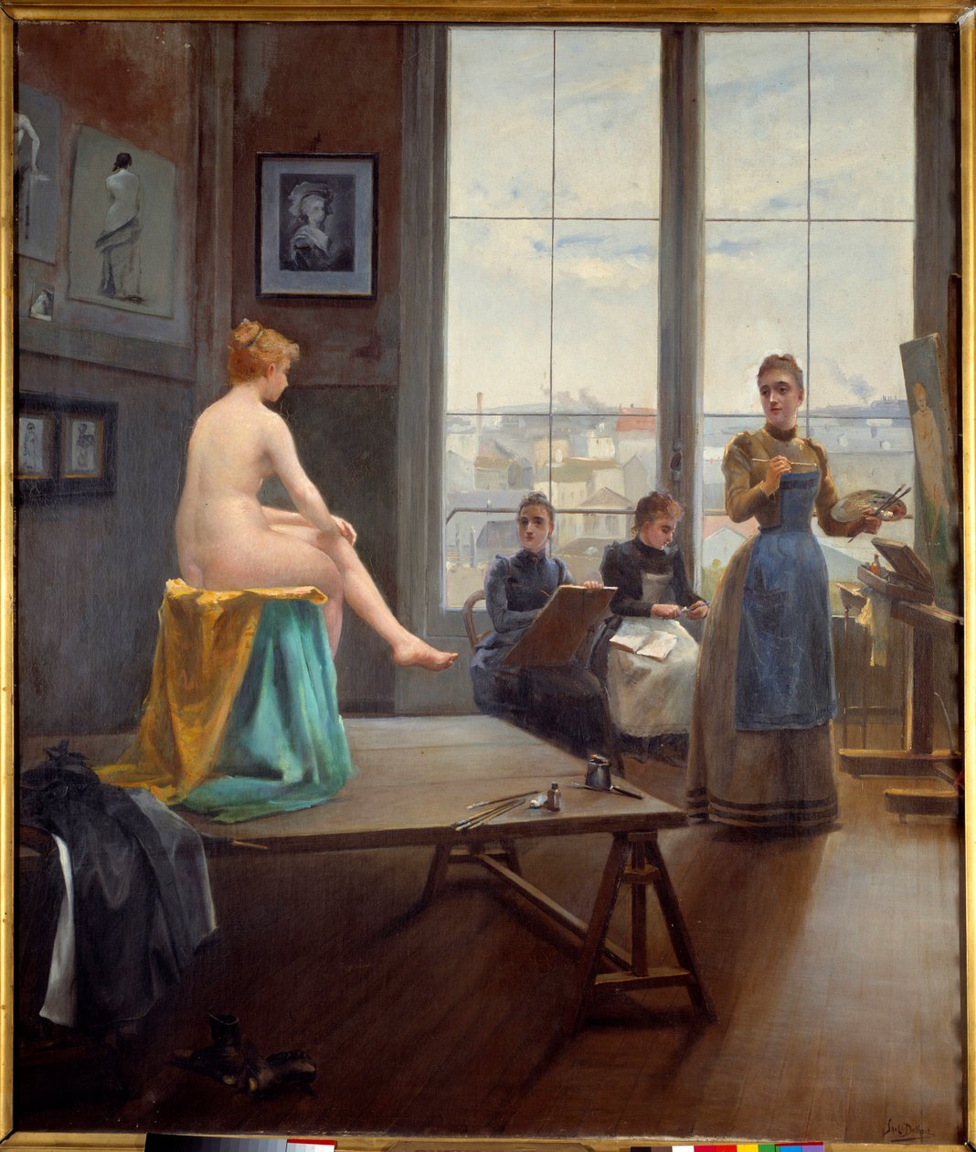 Workshop pro mladé dívky Modelka pózuje pro mladé malířky. Obraz Paula Duthoita (dělal 1858-?) 1896 Rozm. 1,20 x 1,04 m Pau, muzeum výtvarných umění od Paul Duthoit