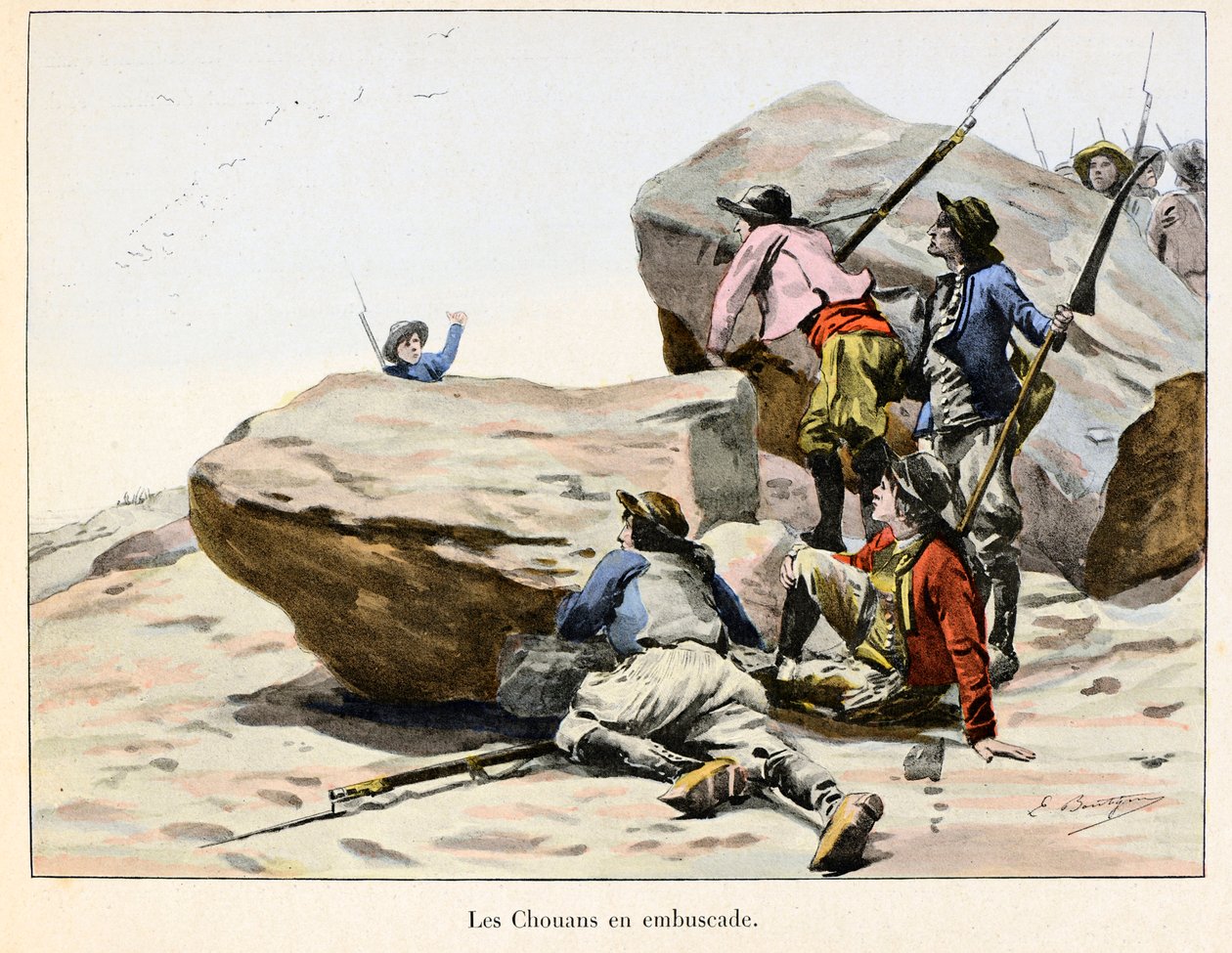 Chouannerie: Les Chouans en ambuscade, konec 18. století - Ilustrace Emile Boutigny (1853-1929) V "" Hoche-Marceau-Desaix "" Theodore Cahu (1854-1928) - Soukromá sbírka - Chouannerie: Ilustrace Emile Boutigny (185 -1929) pro „Hoche-Marcea od Paul Émile Boutigny