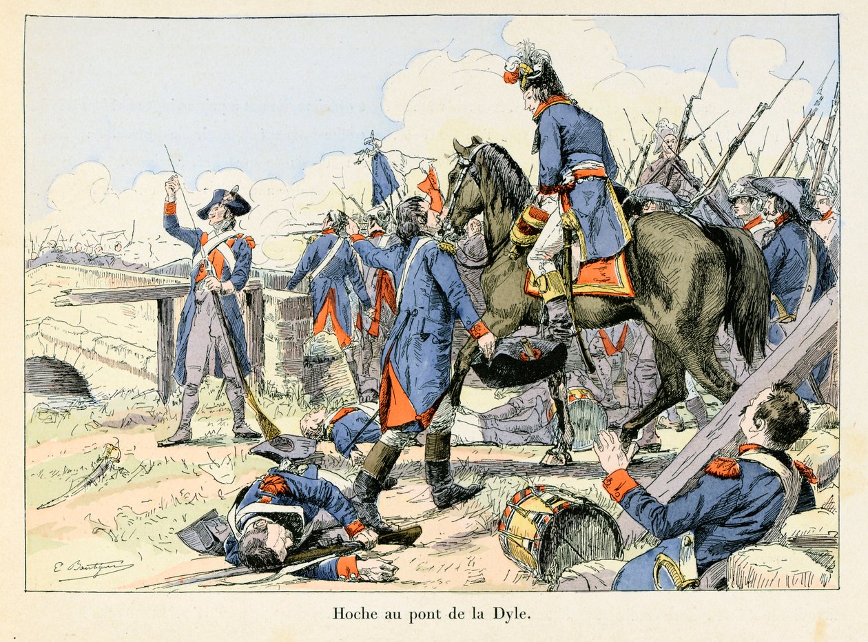 Hoche au pont de la Dyle: V březnu 1793, kryjící ústup na průjezdu Dyle před Leuven (Belgie), bojoval Lazare Hoche (1768-1797) proti Rakušanům - ilustrace Emile Boutigny (1853-1929) V „Hoche-Marceau-Desaix“ od Theodora od Paul Émile Boutigny