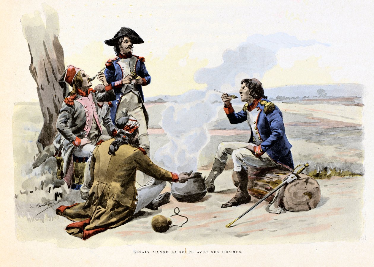 Louis Charles Antoine Desaix de Veygoux (1768-1800) jí polévku se svými muži - Ilustrace Emile Boutigny (1853-1929) V "Hoche-Marceau-Desaix" od Theodora Cahu (1854-1928) - Soukromá sbírka - Louis Charles Antoine Desaix de Veygoux (1768-1800) a další od Paul Émile Boutigny