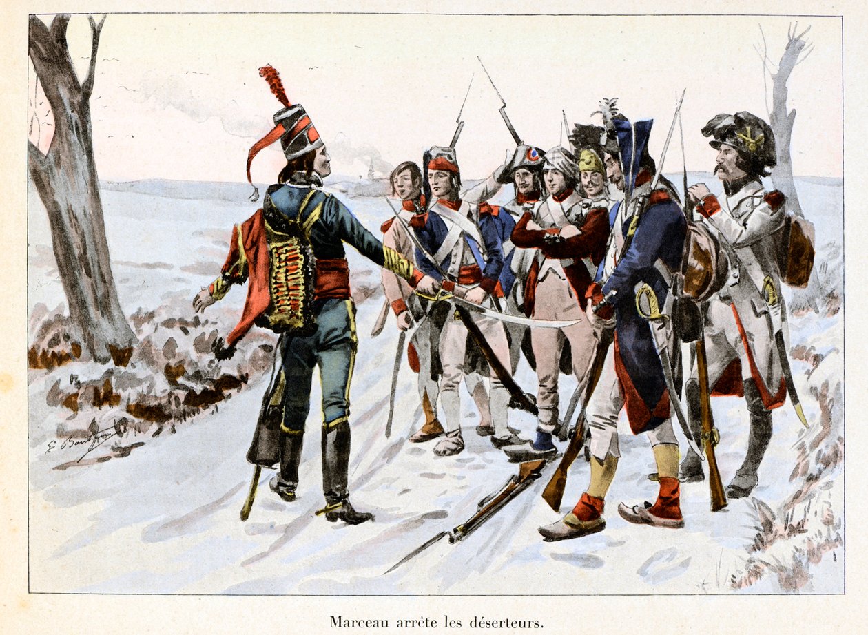 Marceau arrete des deserteurs: Francois-Severin Desgraviers Marceau (1769-1796) zadržuje vojáky republikánské armády ve Vendee (85) - Ilustrace Emile Boutigny (1853-1929) V „Hoche-Marceau-Desaix“ od Theodora Cahu ( 1854-1928) - soukromý plk od Paul Émile Boutigny