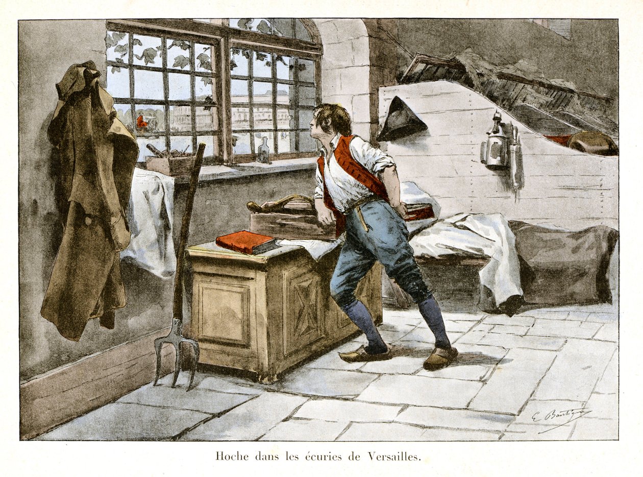 Chrastítko ve stájích ve Versailles: Lazare Hoche (1768-1797) vstoupil do královských stájí ve 14 letech jako nadpočetný asistent - Ilustrace Emile Boutigny (1853-1929) V „Hoche-Marceau-Desaix“ od Theodora Cahu (1854-1928 ) - Soukromá sbírka od Paul Émile Boutigny
