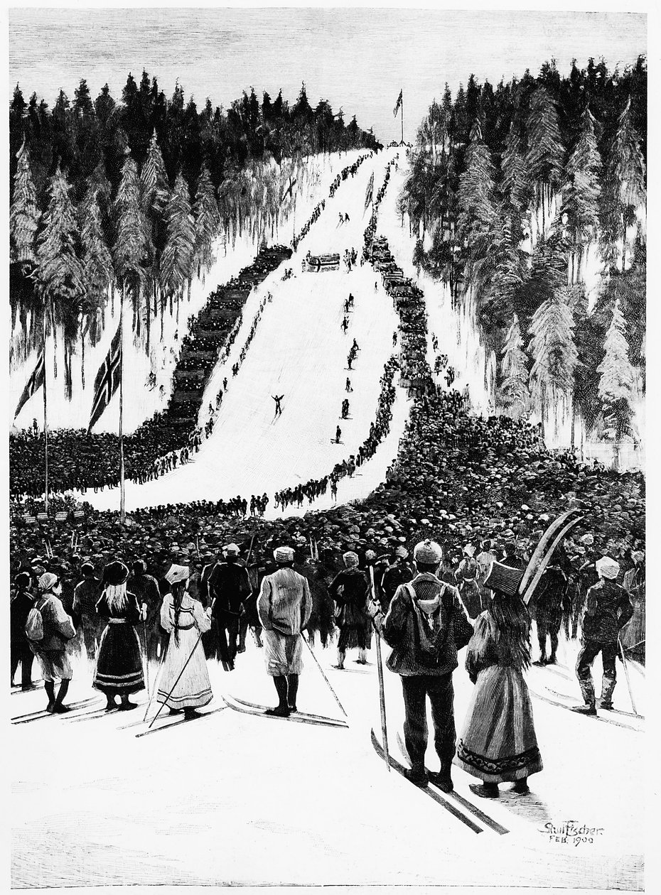 Lyže: Norské derby, lyžařský závod - kresba Paula Fishera, únor 1900, Bibl. des Arts Deco. od Paul Fischer