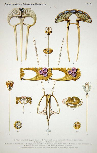 Návrhy šperků, deska 4 z „Documents de Bijouterie et Orfeverie modernes“, vydané Henri Laurens, Paříž, kolem roku 1900 (tónovaný chromolitho) od Paul Follet