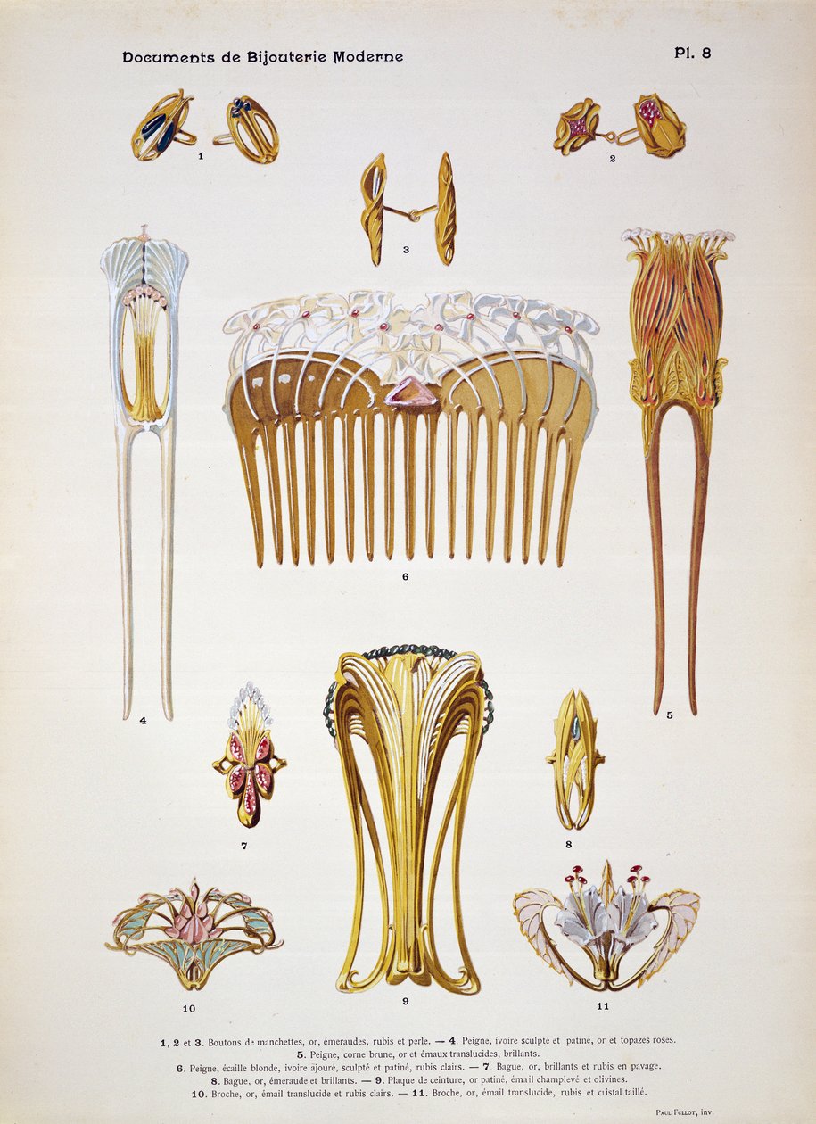 Návrhy šperků, deska 8 z „Documents de Bijouterie et Orfeverie modernes“, vydané Henri Laurensem, Paříž, kolem roku 1900 (tónovaný chromolitho) od Paul Follet
