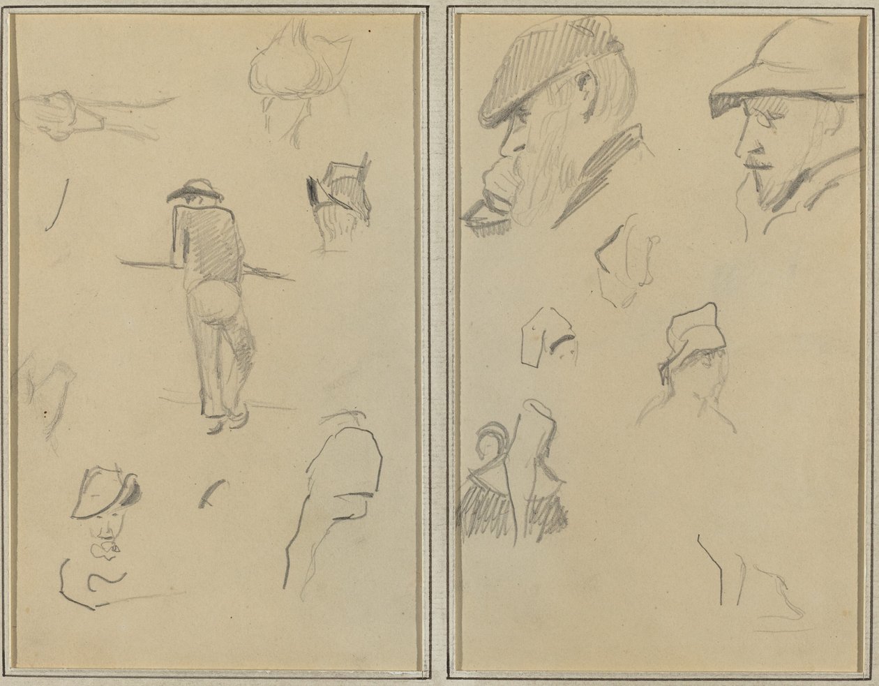 Muž opřený o zeď s pěti dalšími studiemi; Dva vousatí muži s klobouky a pět dalších studií [recto] od Paul Gauguin