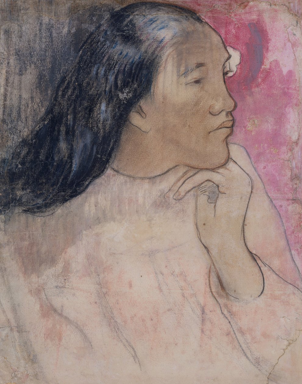 Tahiťanka s květinou ve vlasech, 1891-92 (uhel, pastel a wash) od Paul Gauguin