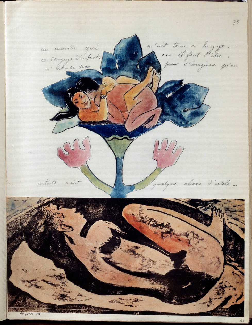 Album Noa (nebo Noa Noa) od malíře Paula Gauguina (1848-1903): folio 75. Nahoře kresba, akvarel, pero a tuš představující pár při pohlavním styku a dole rytina s akvarelovými odlesky spící ženy . Asi 1893 od Paul Gauguin