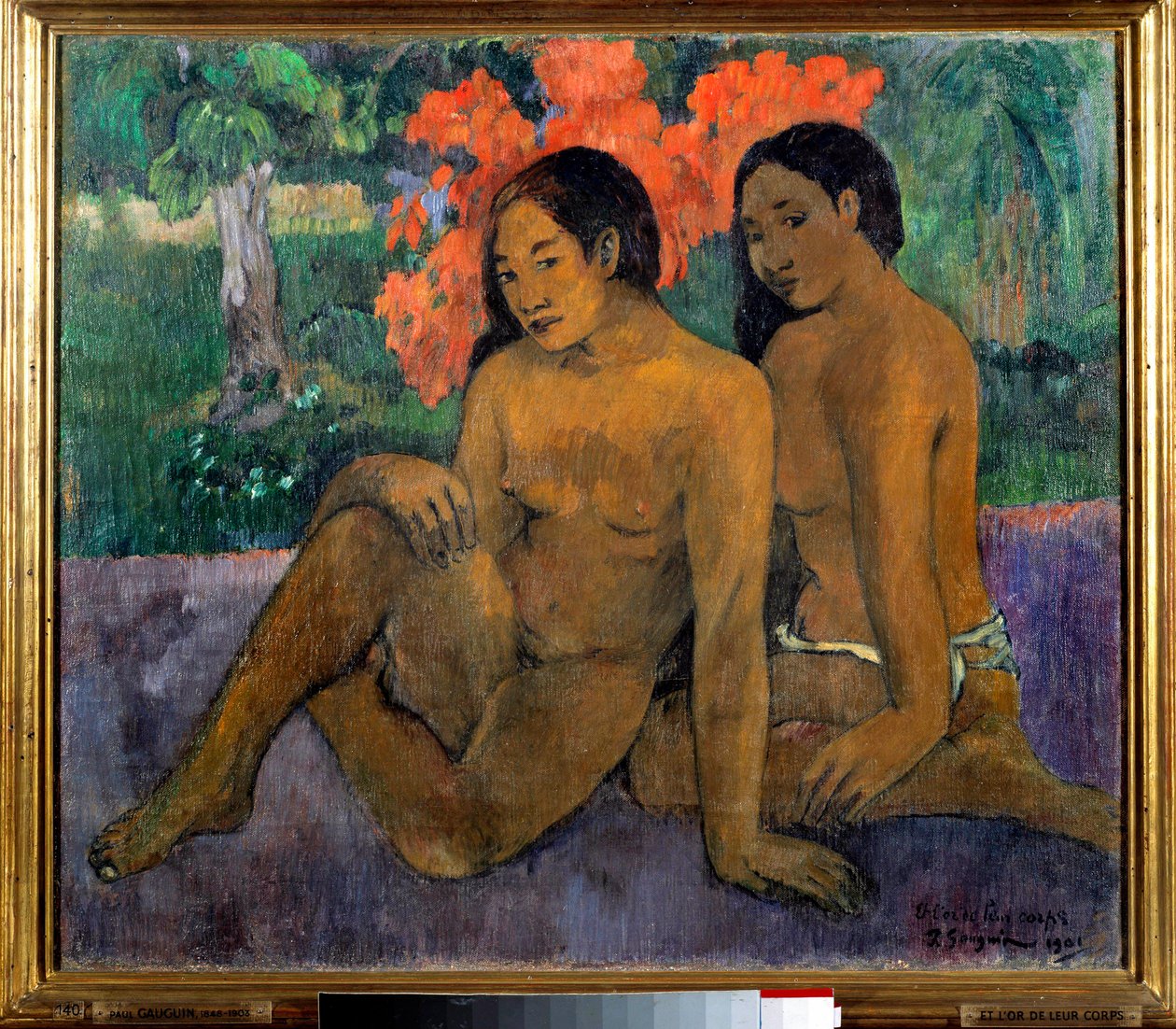A zlato jejich těl Dva Tahiťané pózují nazí. Obraz Paula Gauguina (1848-1903) 1901Ne. 0,67x0,76 m Paříž, musee d