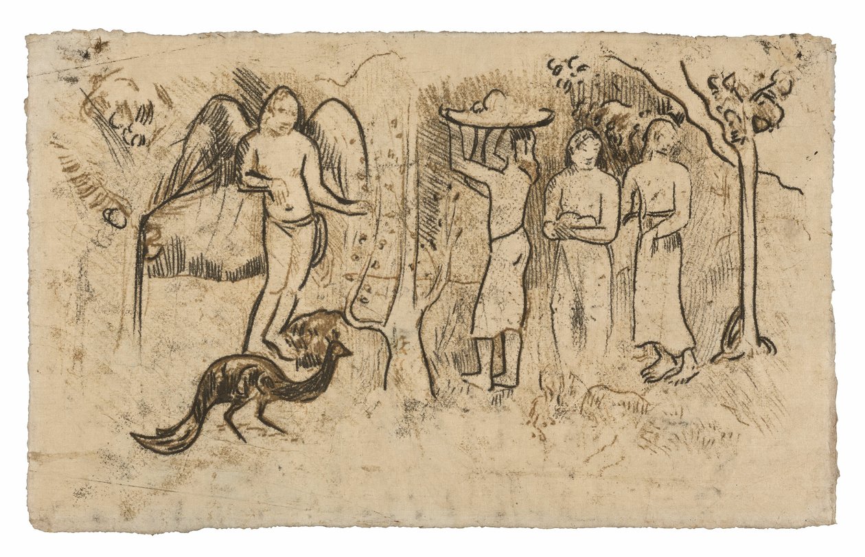 Anděl, páv a tři Tahiťané od Paul Gauguin
