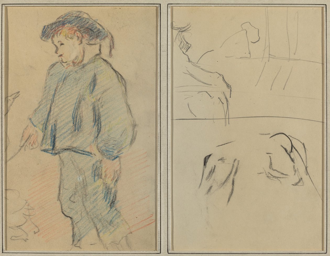 Breton Boy Péče o husy; Krávy a postava opřená o římsu [verso] od Paul Gauguin