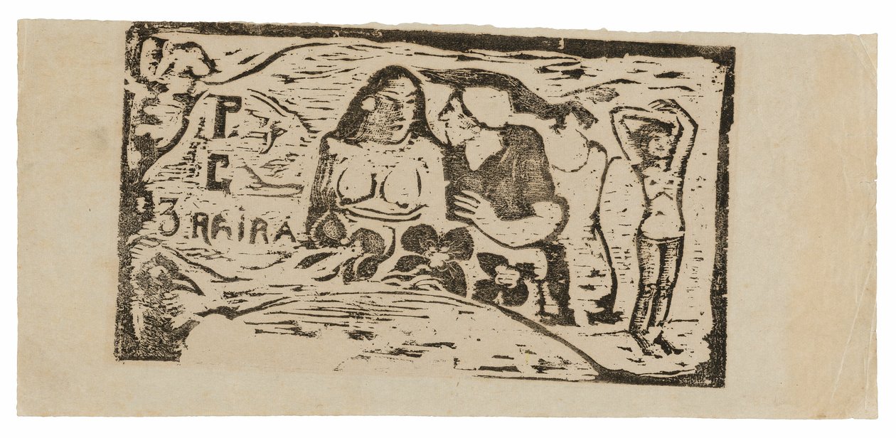 Busta nahé ženy a tříčtvrteční postava muže s bílou čepicí z profilu, třetí malá postava zcela vpravo, čelenka pro Le sourire od Paul Gauguin