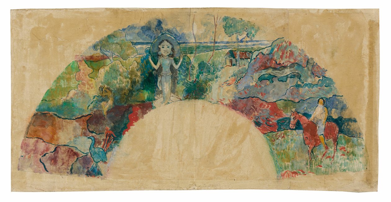 Design pro fanouška s krajinou a sochou bohyně Hiny od Paul Gauguin