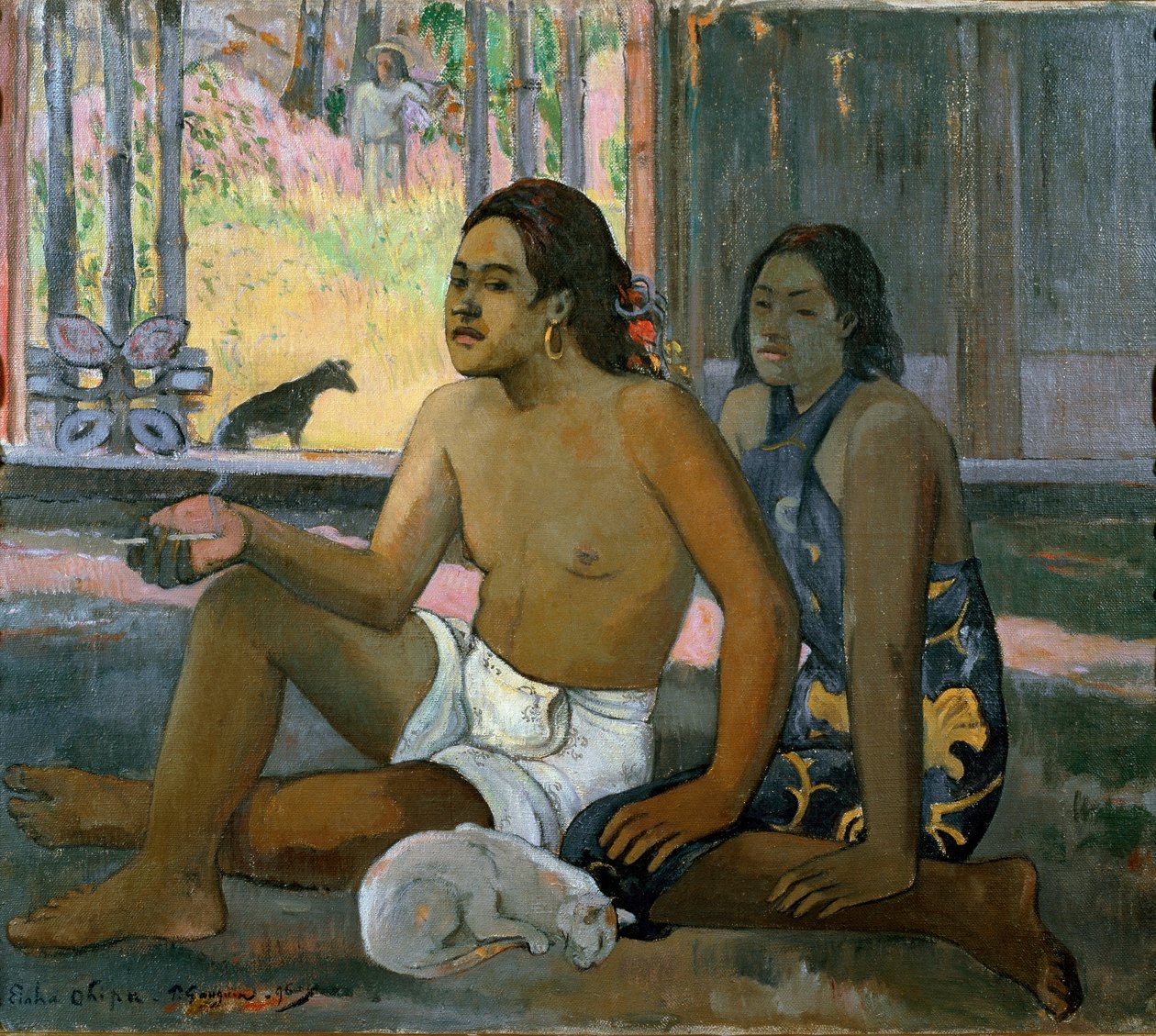 Eiaha Ohipa (Nepracujte. Tahiťané v místnosti). Muž a žena z Tahiti pózují v domě. U jejich nohou spí bílá kočka. Obraz Paula Gauguina (1848-1903) od Paul Gauguin
