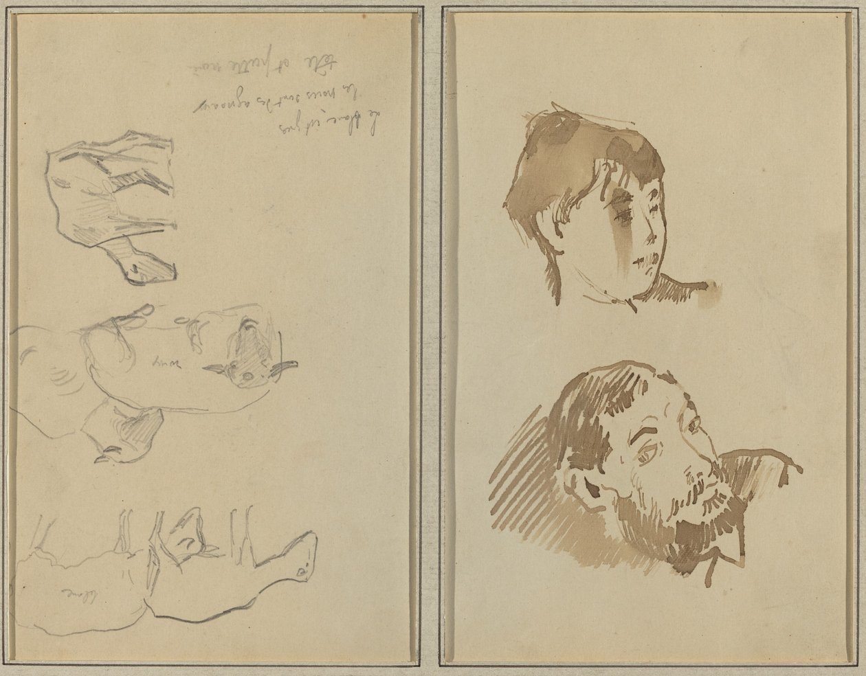 Pět ovcí; Hlava ženy a hlava vousatého muže [recto] od Paul Gauguin