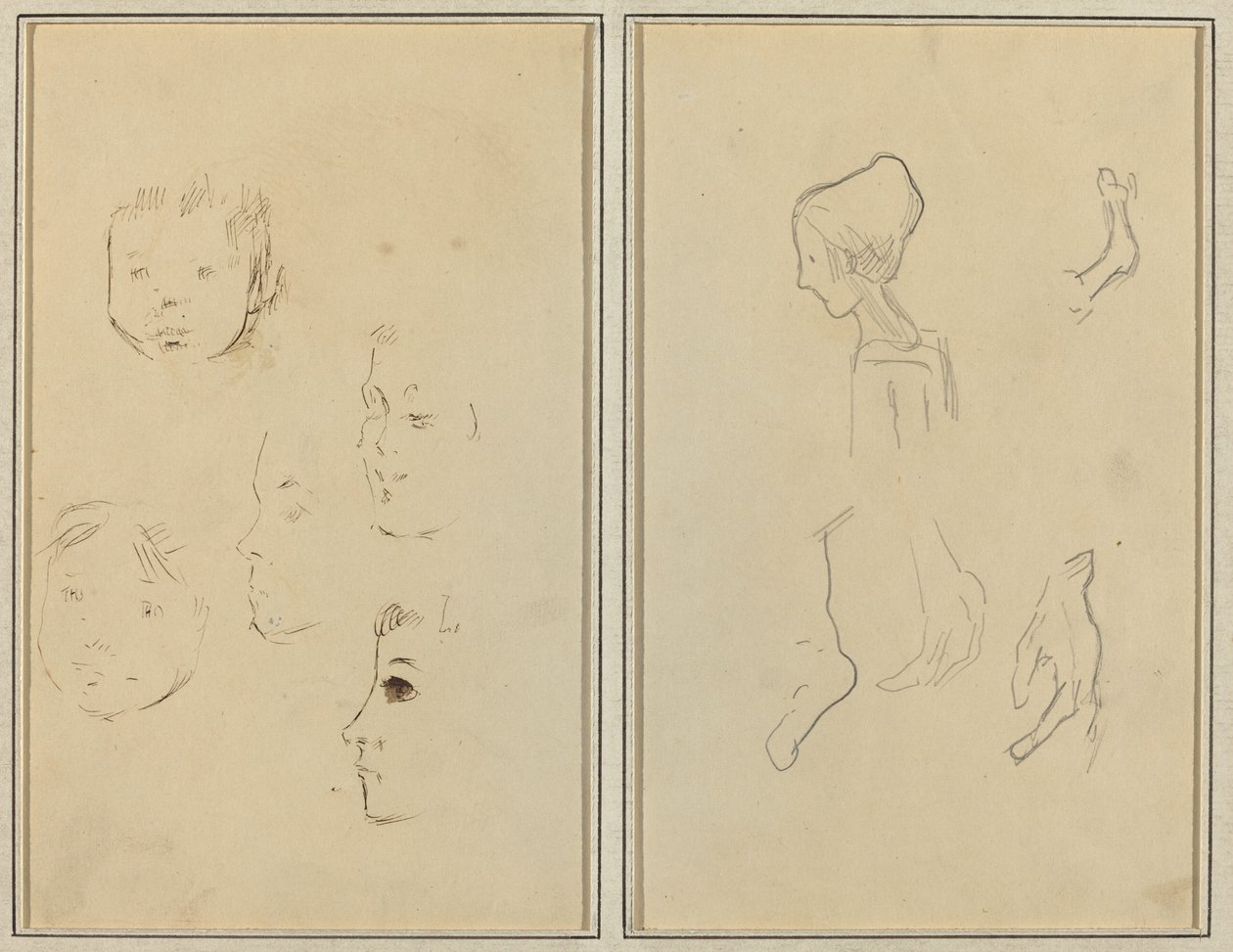 Pět studií hlav; Chlapec v profilu se studiem rukou a nohou [verso] od Paul Gauguin