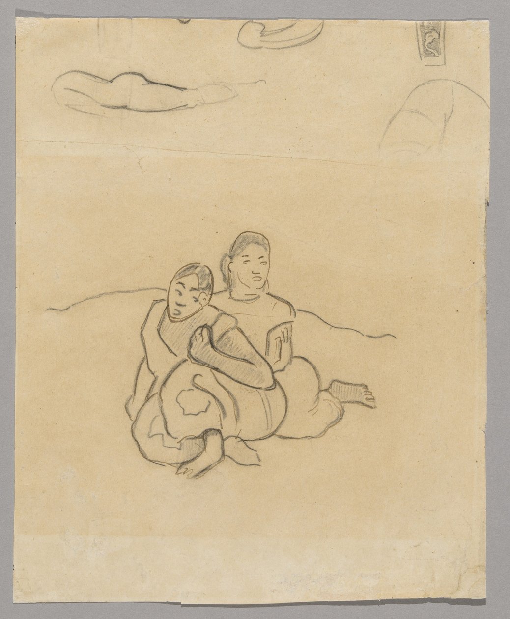 Fragmenty těl, dekorativní design a dvě přikrčené tahitské ženy v krajině související s Nafea Faaipoipo od Paul Gauguin
