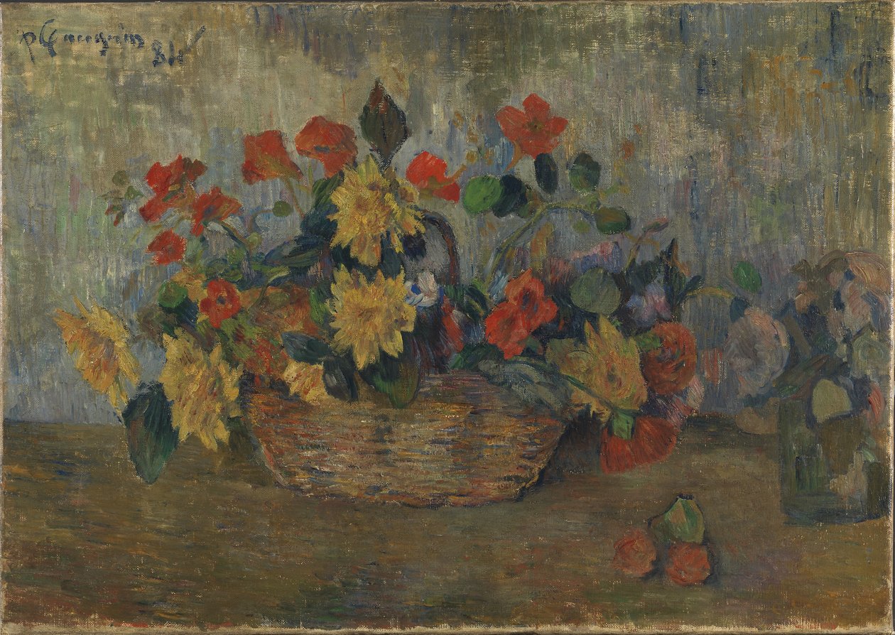 Francouzsky: Capucines et dahlias dans une corbeille, ou Corbeille de fleurs Nasturtiums and Dahlias in a Basket (Kapucínky a jiřiny v košíku) od Paul Gauguin