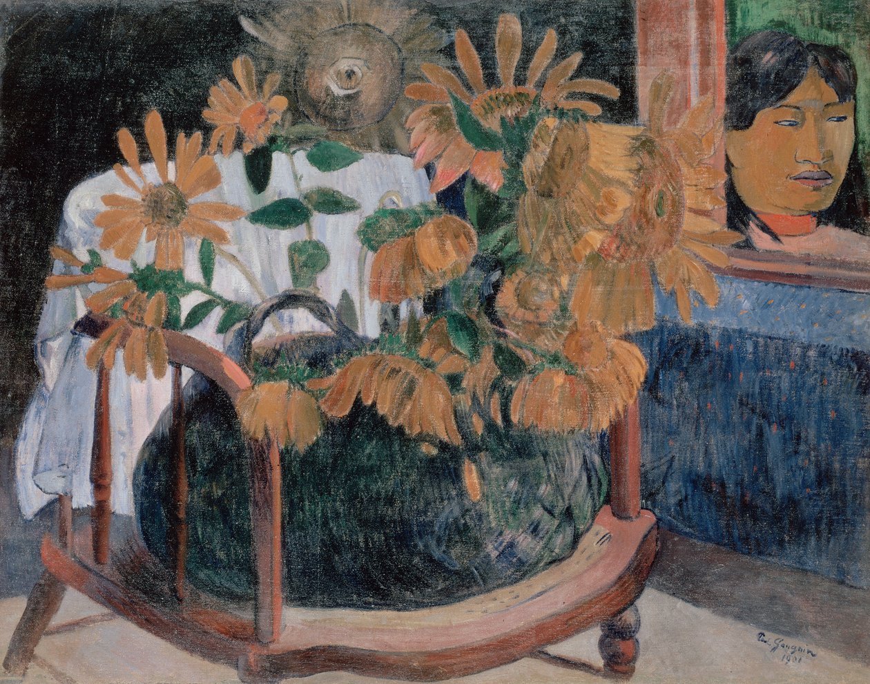 Francouzsky: Nature morte avec des tournesols sur un fauteuil (II) Slunečnice od Paul Gauguin