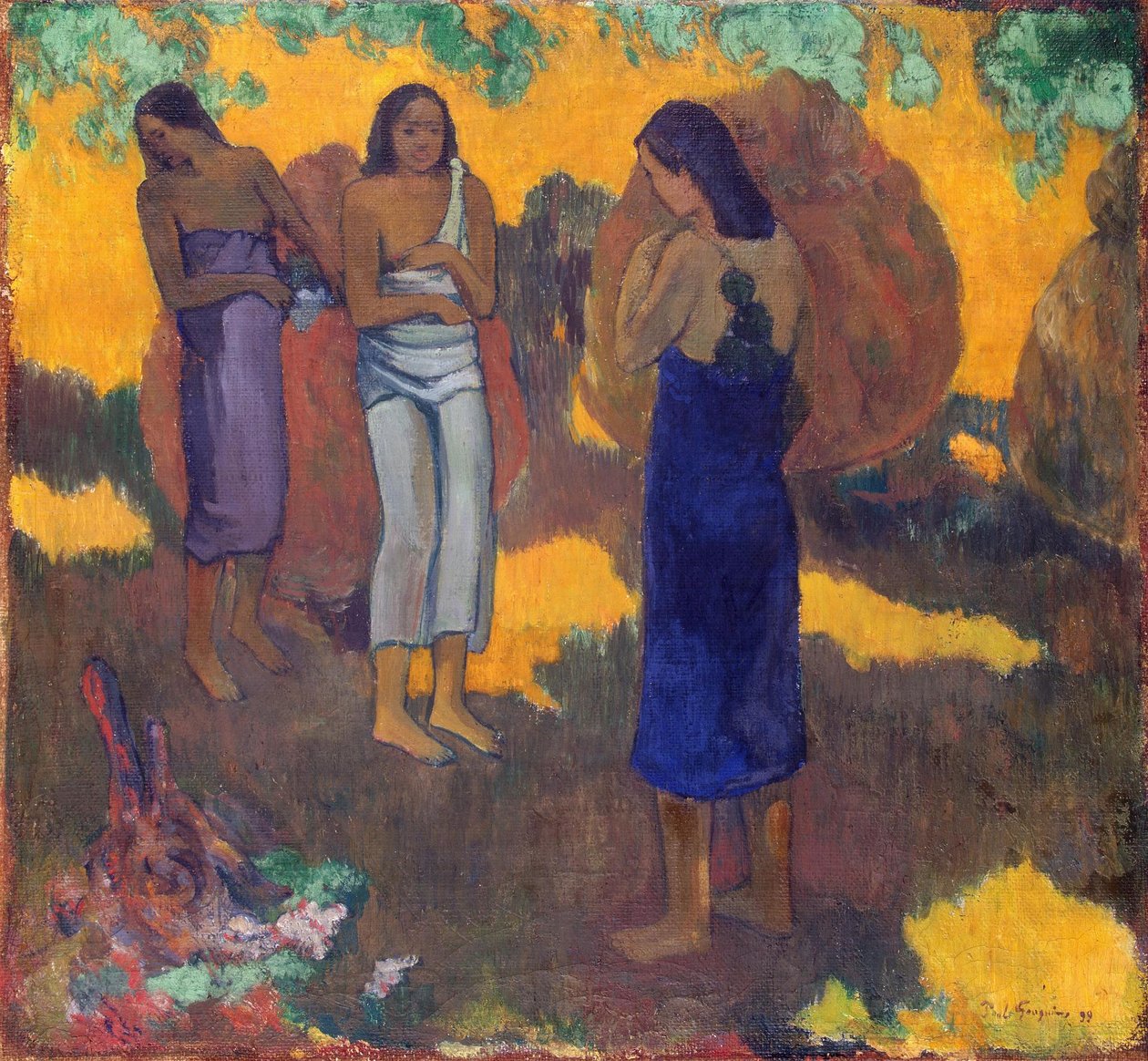 Francouzština:  Trois Tahitiennes sur fond jaune Tři tahitské ženy na žlutém pozadí od Paul Gauguin
