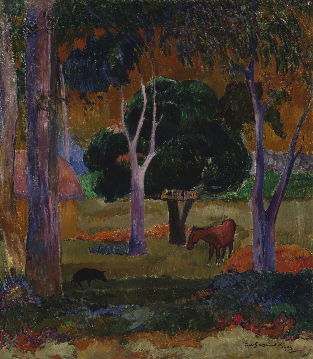 Krajina Hiva Oa s prasetem a koněm od Paul Gauguin