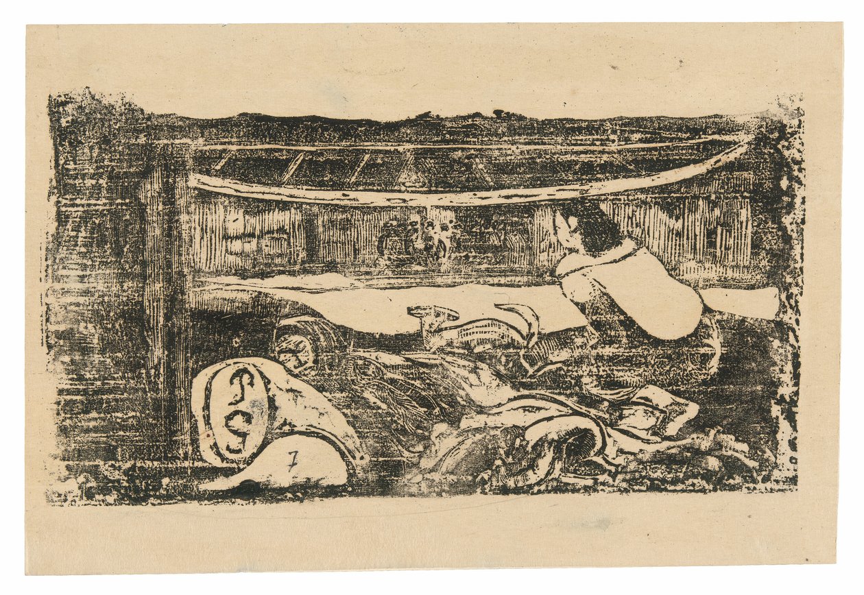 Interiér tahitské chýše, ze Suite of Late Wood-Block Prints od Paul Gauguin