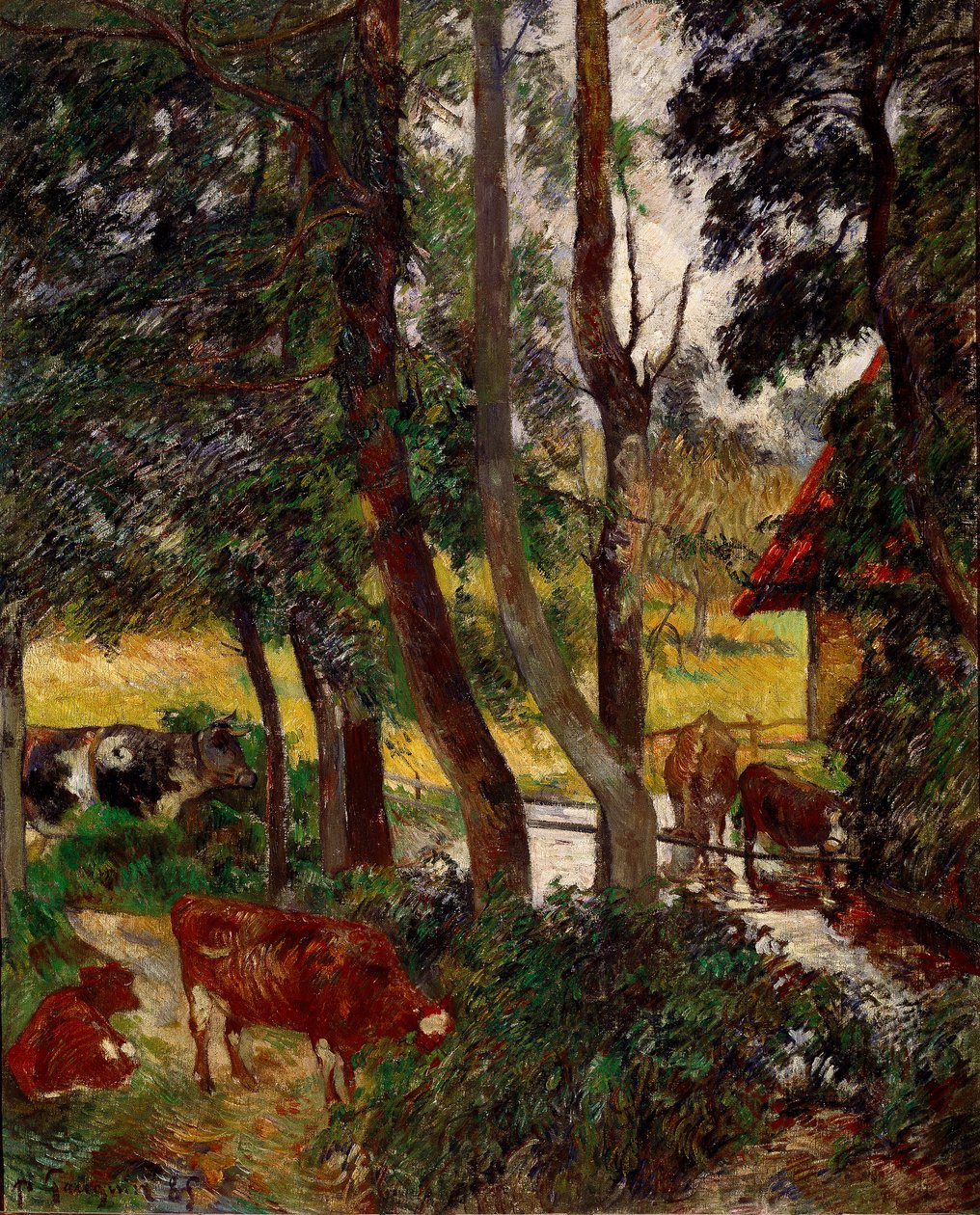 Krajina v Bretani - krávy napáječka nebo Corner de pond. Obraz Paula Gauguina (1848-1903) od Paul Gauguin