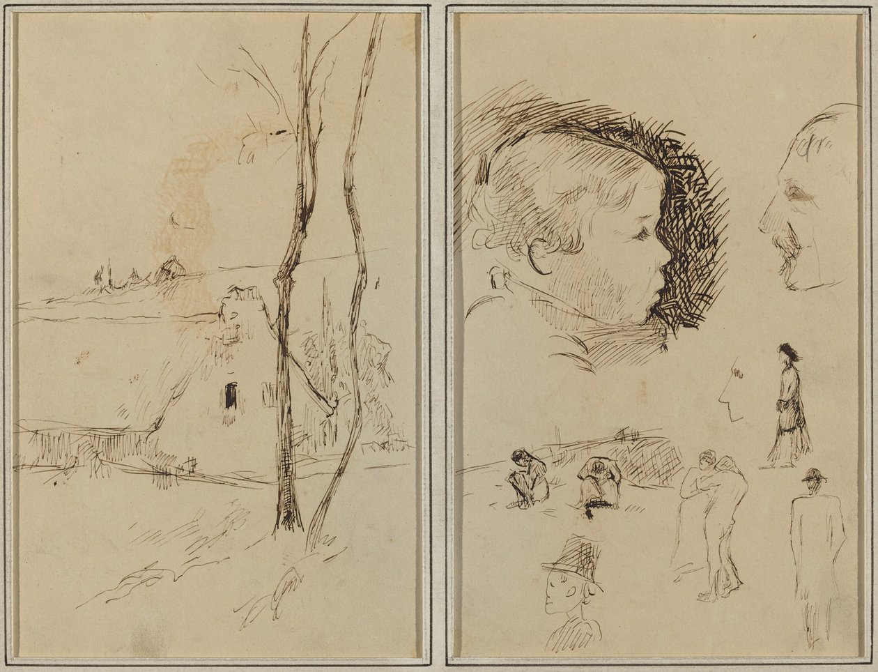 Krajina s chalupou; Profil chlapce, Profil muže, Dvě ženy v krajině a pět dalších studií [verso] od Paul Gauguin