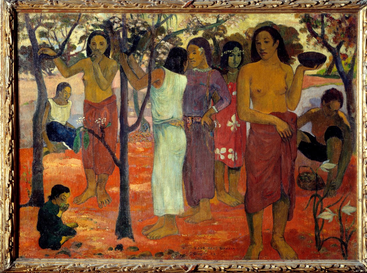 Nave nave mahana (Lahodné dny). Tahitské ženy v zahradě. Obraz Paula Gauguina (1848-1903) 1896 Sun. 0,94 x 1,3 m Lyon, musee des Beaux Arts - Nave Nave Mahana také známý jako „“Delicious Day““. Skupina tahitských žen v zahradě. Obraz Pa od Paul Gauguin