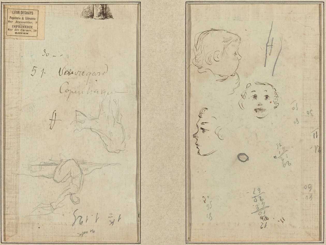 Sedící postava a kráva; Tři studie dětské hlavy od Paul Gauguin