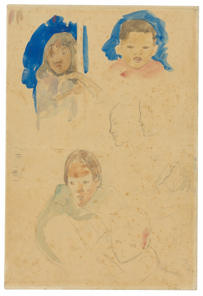 Náčrtky dětí, ženy a profily (recto), Náčrtky koní a dítěte (verze) od Paul Gauguin