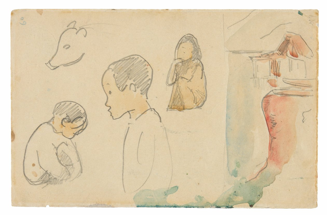Náčrtky krčících se a stojících postav, prasete a chýše na okraji vody od Paul Gauguin
