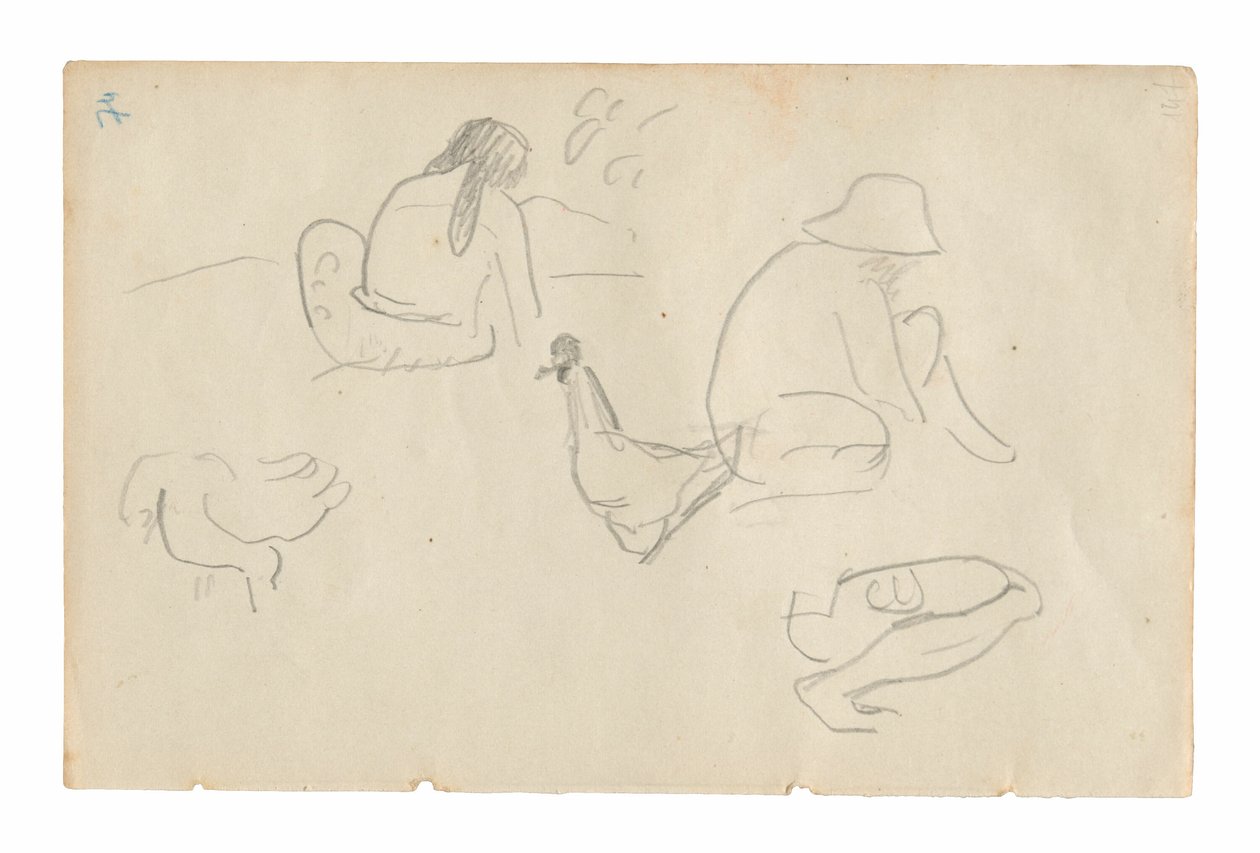 Náčrtky sedících postav a kuřat (recto), Nahé ženské torzo (související s obrazem Te a no areois [Semeno Areoi]) (verso), z Carnet de Tahiti (tahitský skicák) od Paul Gauguin