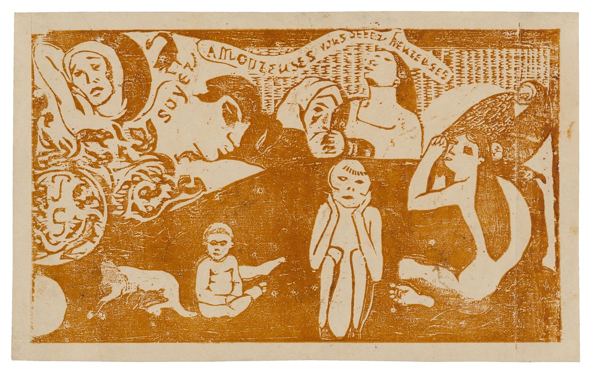 Rakasta ja tulet olemaan onnellinen, sarjasta Late Wood-Block Prints od Paul Gauguin