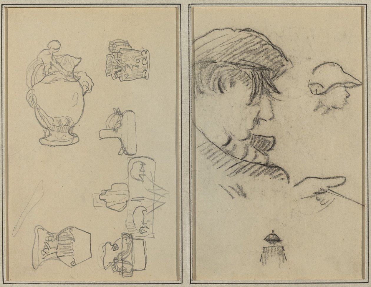 Studie džbánů a váz; Muž s knírkem a chlapec s kloboukem [recto] od Paul Gauguin