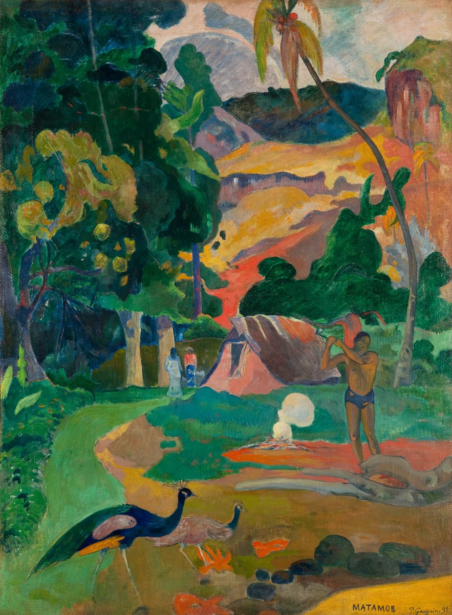 Tahitština:  Matamoe Matamoe (Smrt), Krajina s pávy od Paul Gauguin